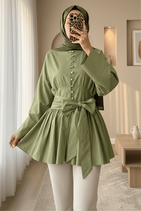 Beli Bağcıklı Boydan Taş Düğmeli Tunik -Çağla Y.-Tunik-307-2343-R70