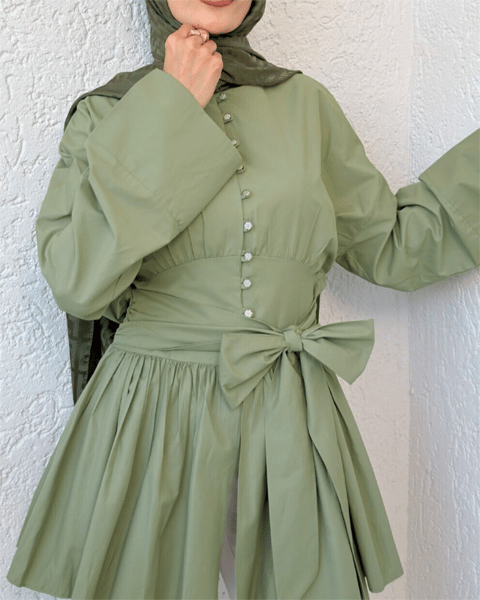 Beli Bağcıklı Boydan Taş Düğmeli Tunik -Çağla Y.-Tunik-307-2343-R70