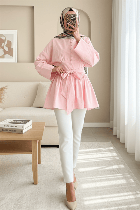 Beli Bağcıklı Boydan Taş Düğmeli Tunik -Pembe-Tunik-307-2343-R20