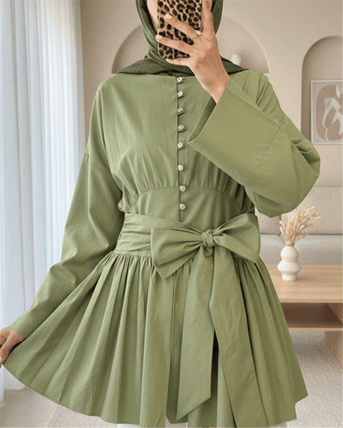 Beli Bağcıklı Boydan Taş Düğmeli Tunik -Çağla Y.-Tunik-307-2343-R70