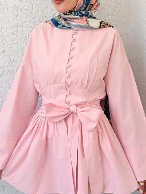 Tunik-Beli Bağcıklı Boydan Taş Düğmeli Tunik -Pembe-307-2343-R20