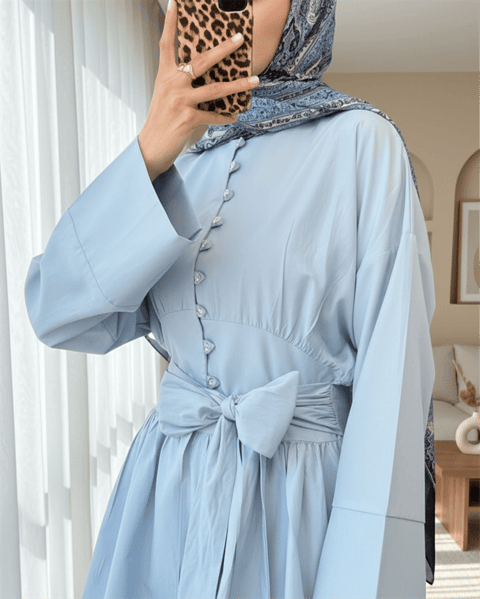 Beli Bağcıklı Boydan Taş Düğmeli Tunik -Bebe Mavi-Tunik-307-2343-R32