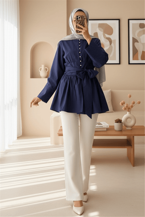 Beli Bağcıklı Boydan Taş Düğmeli Tunik -Laci-Tunik-307-2343-R03