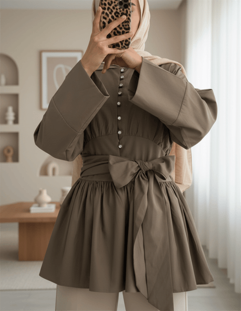Beli Bağcıklı Boydan Taş Düğmeli Tunik -Açık Kahve-Tunik-307-2343-R76