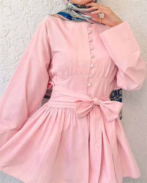 Beli Bağcıklı Boydan Taş Düğmeli Tunik -Pembe-Tunik-307-2343-R20