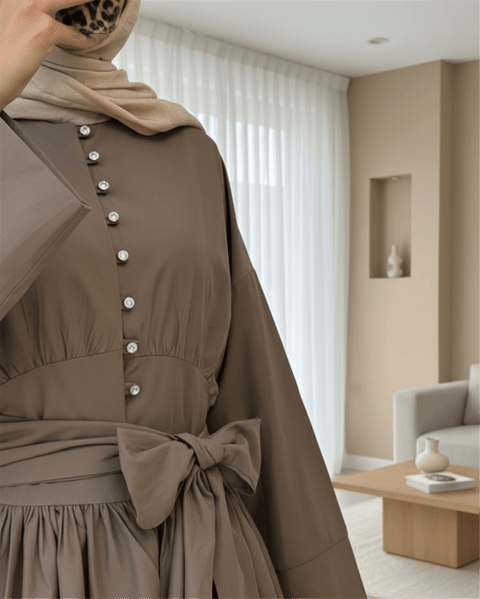 Beli Bağcıklı Boydan Taş Düğmeli Tunik -Açık Kahve-Tunik-307-2343-R76