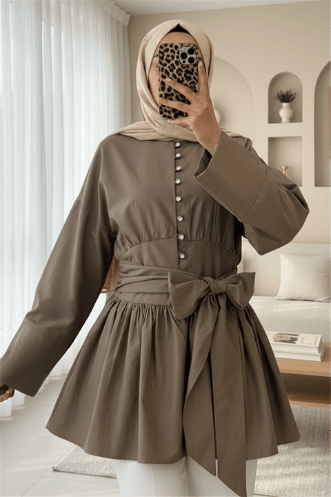 Beli Bağcıklı Boydan Taş Düğmeli Tunik -Açık Kahve-Tunik-307-2343-R76