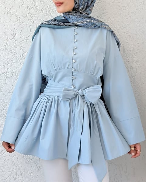 Beli Bağcıklı Boydan Taş Düğmeli Tunik -Bebe Mavi-Tunik-307-2343-R32