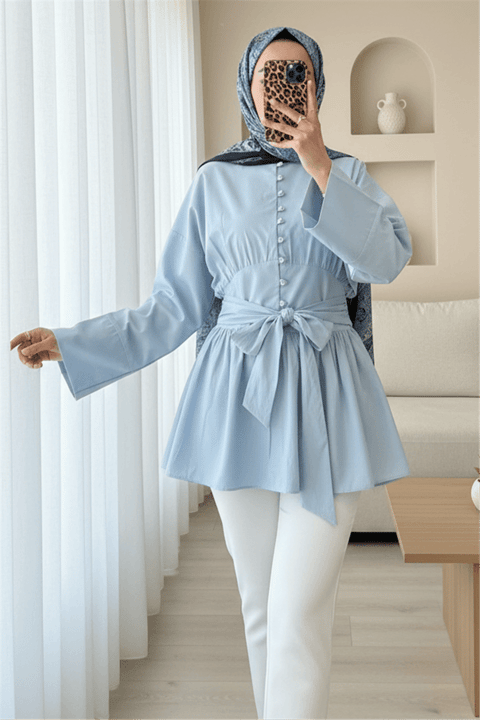 Beli Bağcıklı Boydan Taş Düğmeli Tunik -Bebe Mavi-Tunik-307-2343-R32