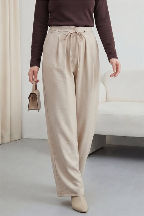 Beli Bağcıklı Çift Düğmeli Yüksek Bel Tensel Pantolon  -Taş-Pantolon-430-4052-R43