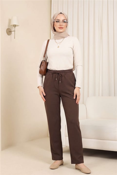 Beli Bağcıklı Dar Paça Pantolon    -Kahve-Pantolon-400-1157-R15