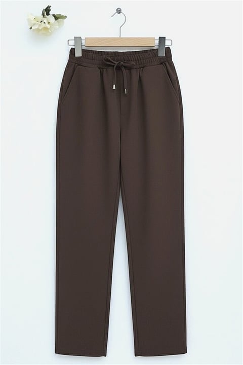 Beli Bağcıklı Dar Paça Pantolon    -Kahve-Pantolon-400-1157-R15