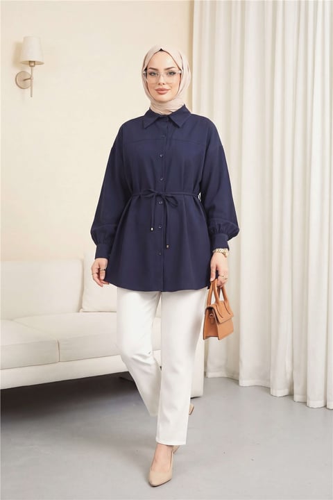 Beli Bağcıklı Düğmeli Oversize Modal Tunik -Laci-Gömlek-398-11007-R03