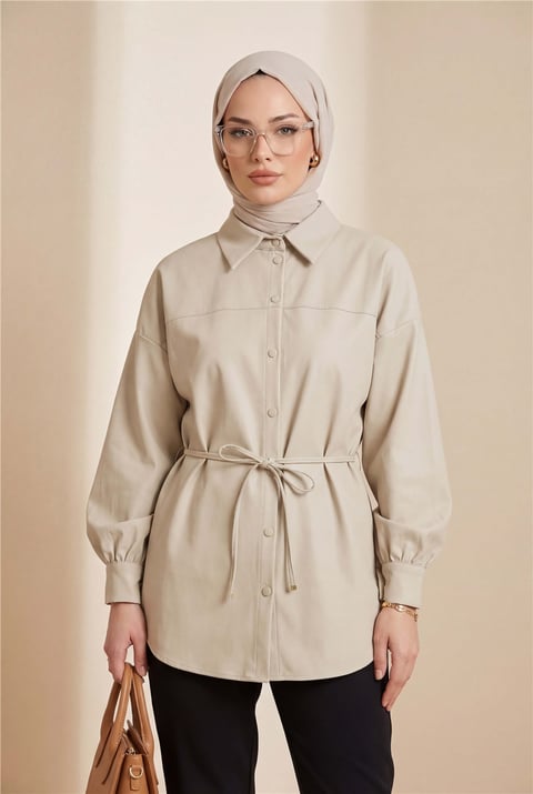 Beli Bağcıklı Düğmeli Oversize Modal Tunik -Bej-Gömlek-398-11007-R56