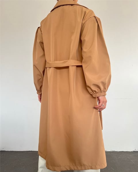 Beli Bağcıklı Kolu Lastikli Tesettür Trenckot -Vizon-Trençkot-347-7006-R23