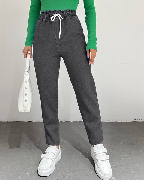 Beli Bağcıklı Kot Pantolon -Füme-Kot Pantolon-123-5021-R18