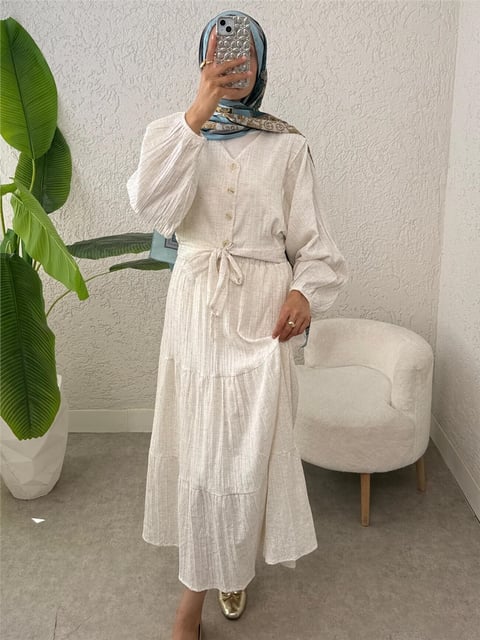 Beli Bağcıklı Yarasa Kol Düğmeli Bluz Etek Keten Takım -Bej-Takım-307-2365-R56