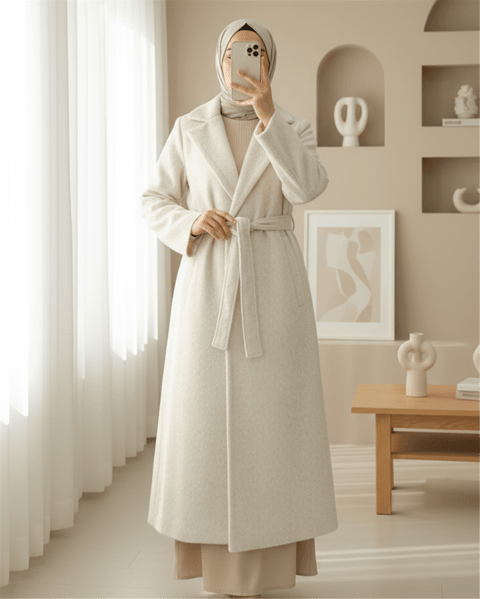Beli Bağlamalı Astarlı Cepli Sakallı Kaban -Krem-Kaban-111-50661-R28