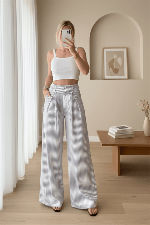 Beli Bağlamalı Bol Paça Çizgili Cepli Pantolon  -Beyaz-Pantolon-246-5290-R02