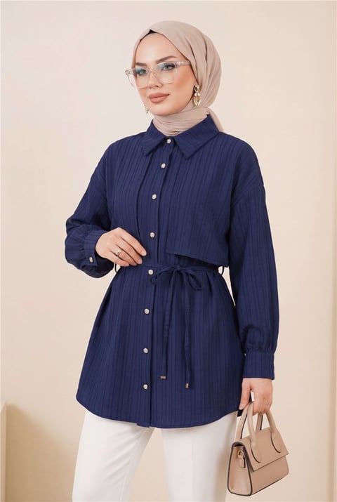Beli Bağlamalı Bolero Detaylı Taşlı Düğmeli Gömlek  -Laci-Gömlek-398-1057-R03