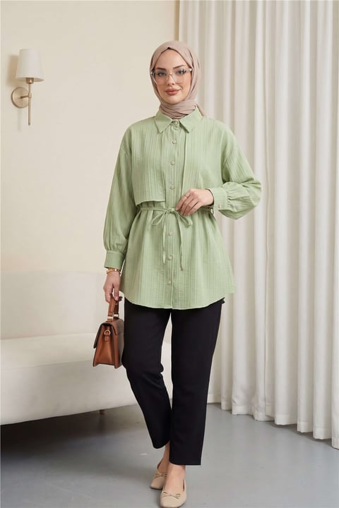 Beli Bağlamalı Bolero Detaylı Taşlı Düğmeli Gömlek -Çağla Y.-Gömlek-398-1057-R70