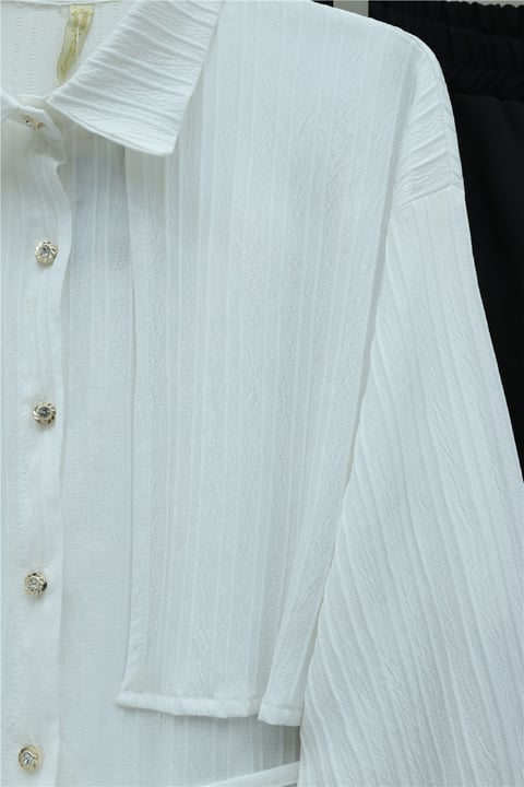 Beli Bağlamalı Bolero Detaylı Taşlı Düğmeli Gömlek  -Beyaz-Gömlek-398-1057-R02