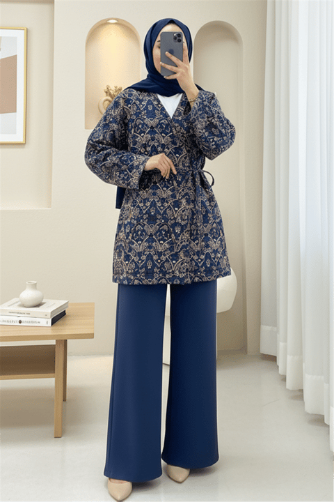 Beli Bağlamalı Cepli Desenli Kapitone Kimono -Laci-Ceket-408-6000-R03