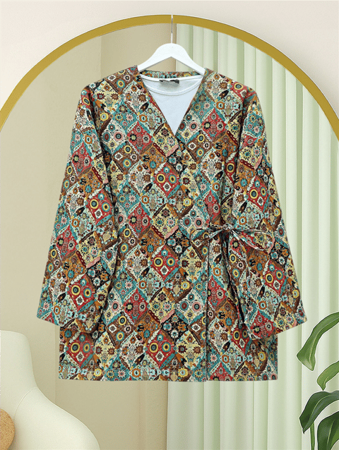 Ceket-Beli Bağlamalı Cepli Desenli Kapitone Kimono -Bej-408-6000-R56