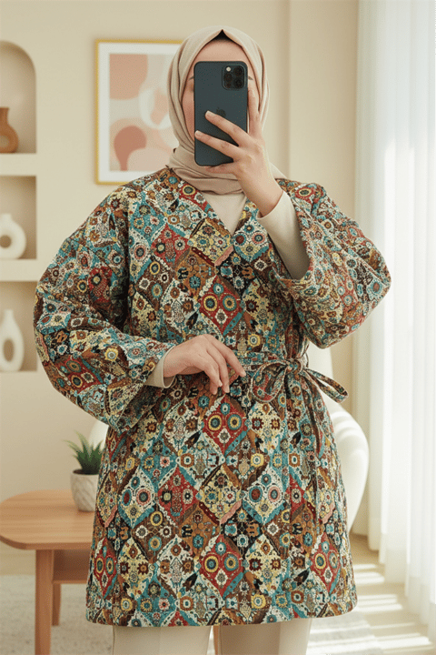 Beli Bağlamalı Cepli Desenli Kapitone Kimono -Bej-Ceket-408-6000-R56