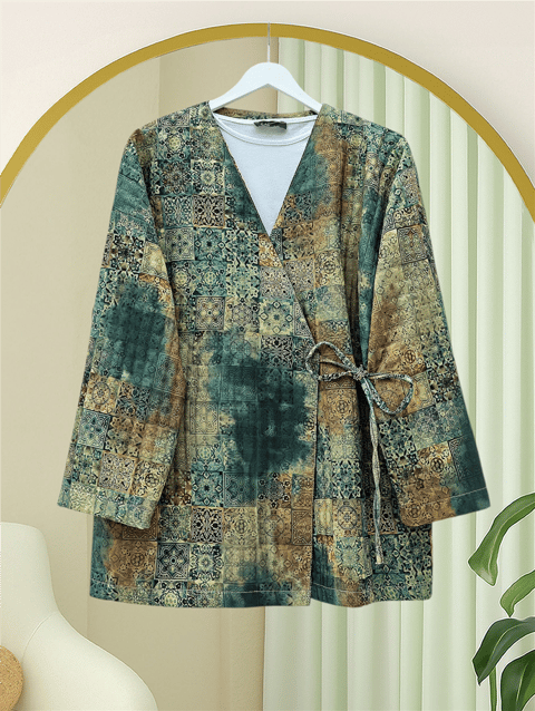 Beli Bağlamalı Cepli Desenli Kapitone Kimono -Haki-Ceket-408-6000-R05