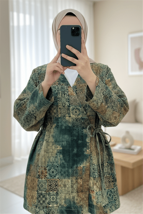Beli Bağlamalı Cepli Desenli Kapitone Kimono -Haki-Ceket-408-6000-R05