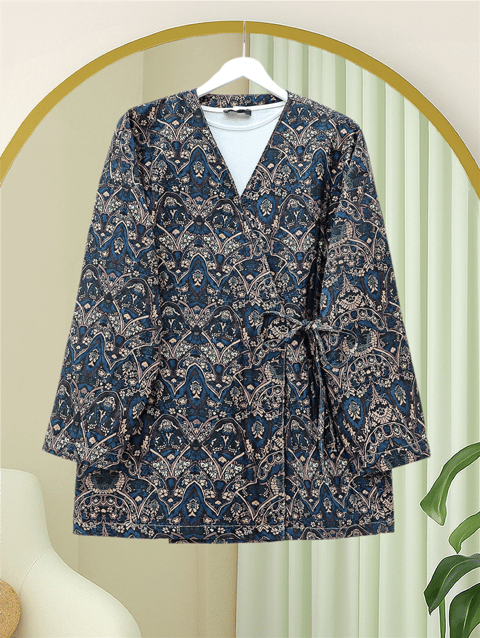 Beli Bağlamalı Cepli Desenli Kapitone Kimono -Laci-Ceket-408-6000-R03