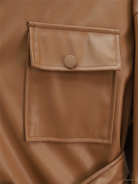 Gömlek-Beli Bağlamalı Çift Cepli Deri Gömlek -Taba-398-5099-R12