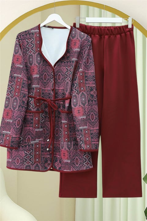 Beli Bağlamalı Çift Cepli Desenli Scuba Takım -Bordo-Takım-349-8019-R04