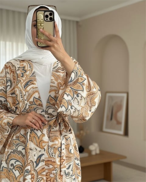 Beli Bağlamalı Etnik Desen Modal Kimono -Bej-Kimono&Kaftan-307-2396-R56