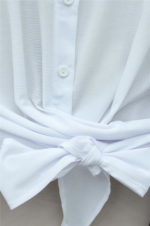 Beli Bağlamalı İspanyol Kol Poplin Gömlek Bluz -Beyaz-Bluz-349-7030-R02