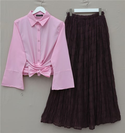 Beli Bağlamalı İspanyol Kol Poplin Gömlek Bluz -Pembe-Bluz-349-7030-R20