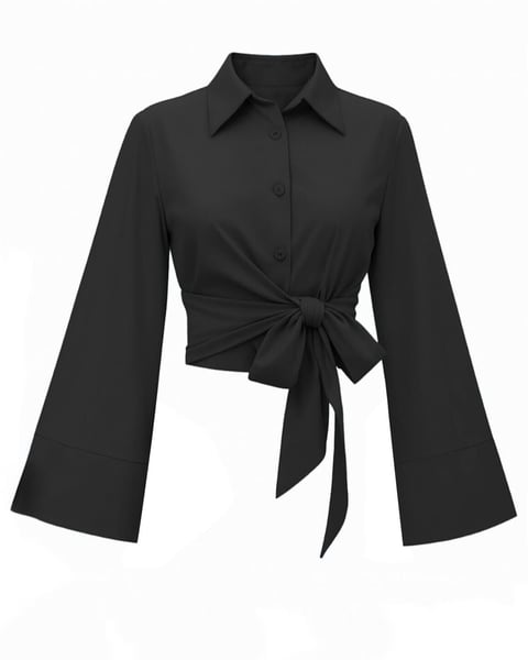Beli Bağlamalı İspanyol Kol Poplin Gömlek Bluz -Siyah-Bluz-349-7030-R01