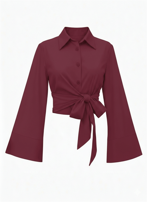 Beli Bağlamalı İspanyol Kol Poplin Gömlek Bluz -Bordo-Bluz-349-7030-R04