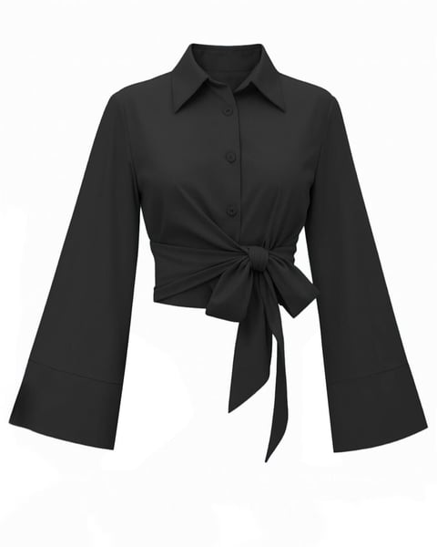 Beli Bağlamalı İspanyol Kol Poplin Gömlek Bluz -Siyah-Bluz-349-7030-R01