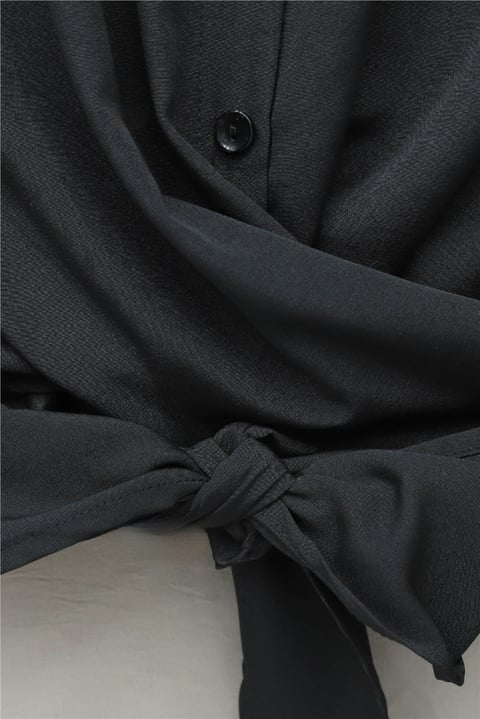 Beli Bağlamalı İspanyol Kol Poplin Gömlek Bluz -Siyah-Bluz-349-7030-R01