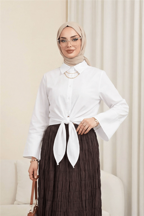 Beli Bağlamalı İspanyol Kol Poplin Gömlek Bluz -Beyaz-Bluz-349-7030-R02