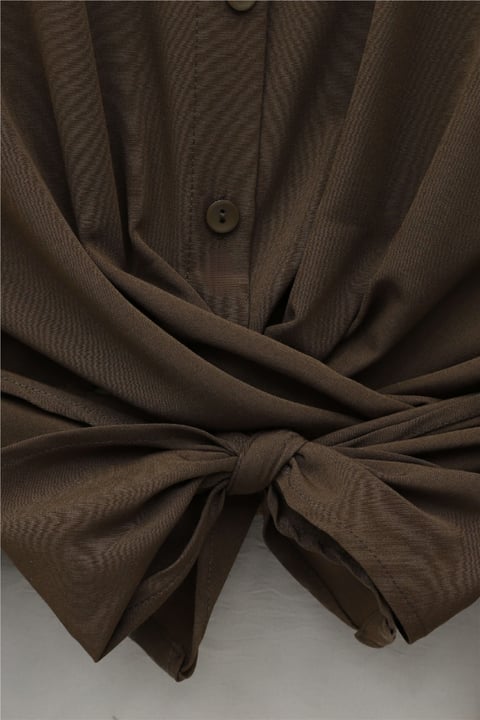 Beli Bağlamalı İspanyol Kol Poplin Gömlek Bluz -Kahve-Bluz-349-7030-R15