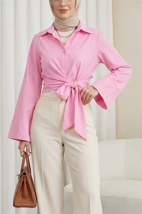 Beli Bağlamalı İspanyol Kol Poplin Gömlek Bluz -Pembe-Bluz-349-7030-R20