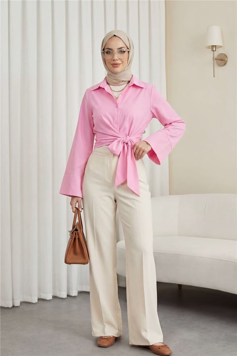 Beli Bağlamalı İspanyol Kol Poplin Gömlek Bluz -Pembe-Bluz-349-7030-R20
