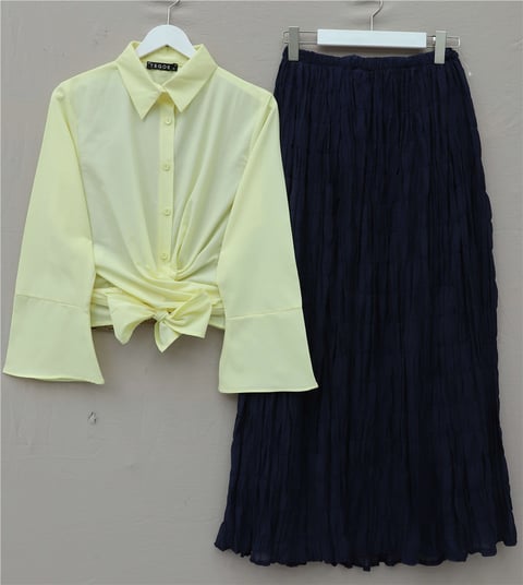 Beli Bağlamalı İspanyol Kol Poplin Gömlek Bluz -Sarı-Bluz-349-7030-R22