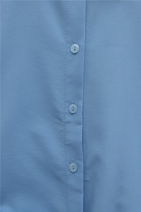 Beli Bağlamalı İspanyol Kol Poplin Gömlek Bluz   -Mavi-Gömlek-349-7030-R31