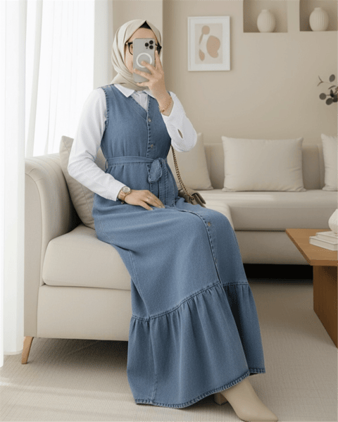 Beli Bağlamalı Önü Düğmeli Cepli Kot Jile   -Buz Mavi-Elbise-197-6119-R37