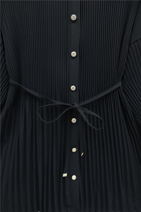 Beli Bağlamalı Taşlı Düğmeli Pliseli Poplin Tunik -Siyah-Tunik-398-11064-R01