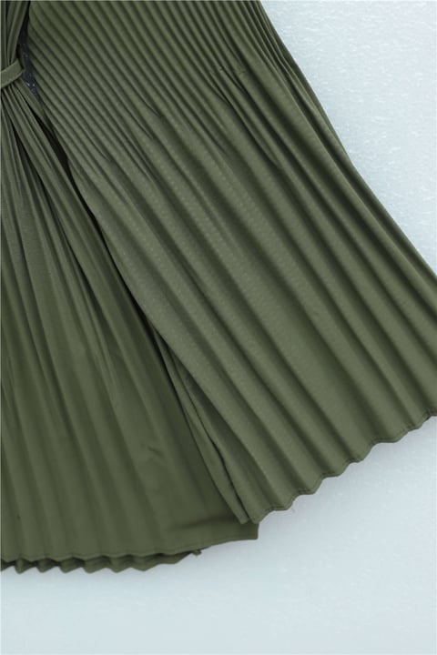 Beli Bağlamalı Taşlı Düğmeli Pliseli Poplin Tunik -Haki-Tunik-398-11064-R05